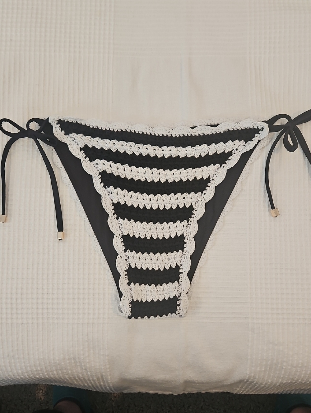 Chelsea & Violet Crochet Side Tie Swim Bottom: Color- Black/White Stripe: Large